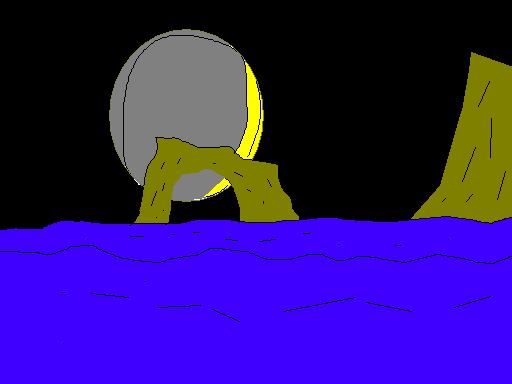 artists conception of luna behind arch rock