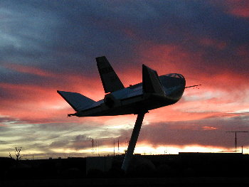 HL-10 on pedestal at gate of NASA DRYDEN