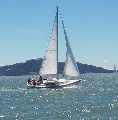 A sailing boat in front of Angel Island, San Francisco Bay