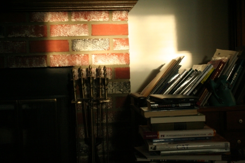 fireplace tools and books