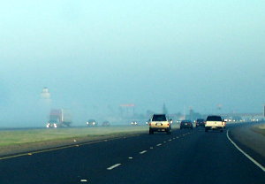 bell tower rising out of fog on interstate 5